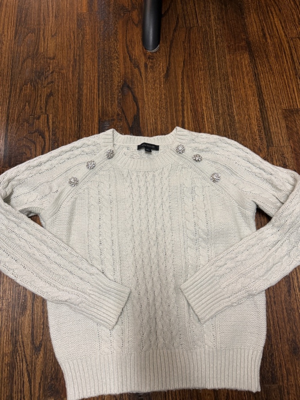 Ann Taylor Cream Cable-Knit Crewneck Sweater with Rhinestone Buttons